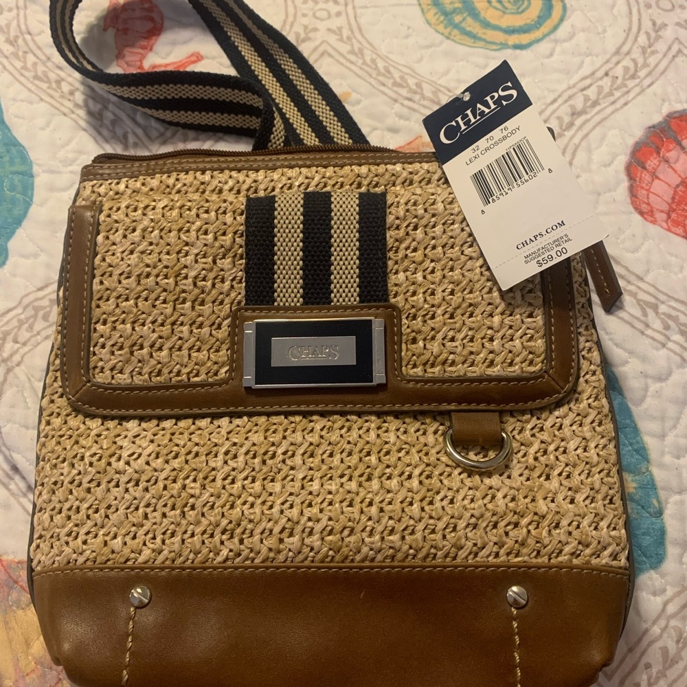 Chaps Lexi Crossbody Bag, Woven Beige and Brown, New with Tags